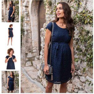 Seraphine Cotton Blend Navy Lace Maternity & Nursing Dress